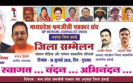 मध्यप्रदेश श्रमजीवी पत्रकार संघ का अनूपपु्र जिला सम्मेलन 16 जुलाई को   सोशल मीडिया और वर्तमान पत्रकारिता जैसे गंभीर विषय पर होगी चर्चा